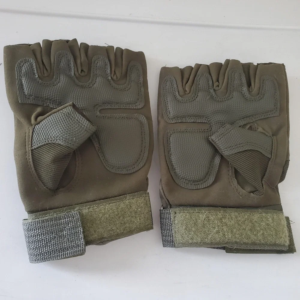 Tactical Fingerless Gloves Olive Green Hard Knuckle Military Style Half Finger - Picture 5 of 11